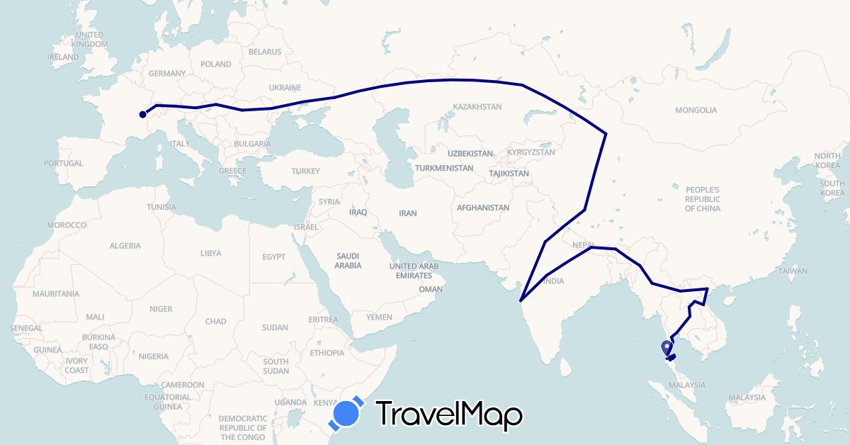TravelMap itinerary: driving in Austria, Bhutan, Switzerland, China, Hungary, India, Kazakhstan, Laos, Moldova, Myanmar (Burma), Nepal, Romania, Russia, Thailand, Vietnam (Asia, Europe)